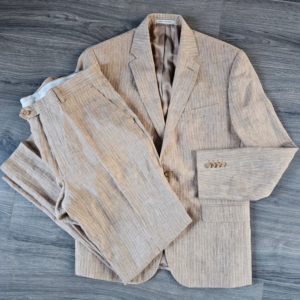 Ralph Lauren Linen Suit Men's 40S Tan Pinstripe Trim Fit Jacket Pants W33x30 - Picture 2 of 16